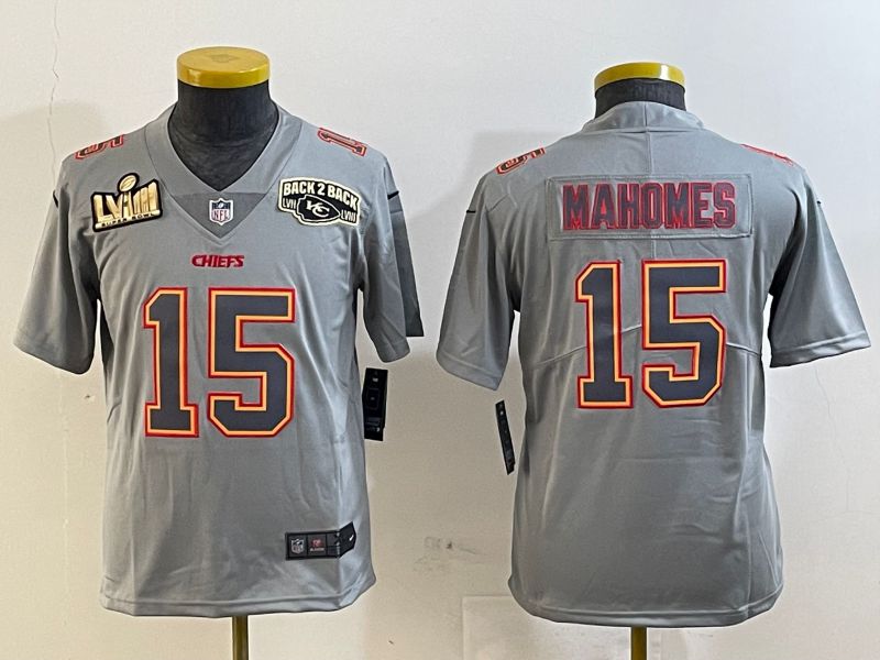 Youth Kansas City Chiefs 15 Mahomes Grey 2025 Nike Vapor Limited NFL Jersey style 2095